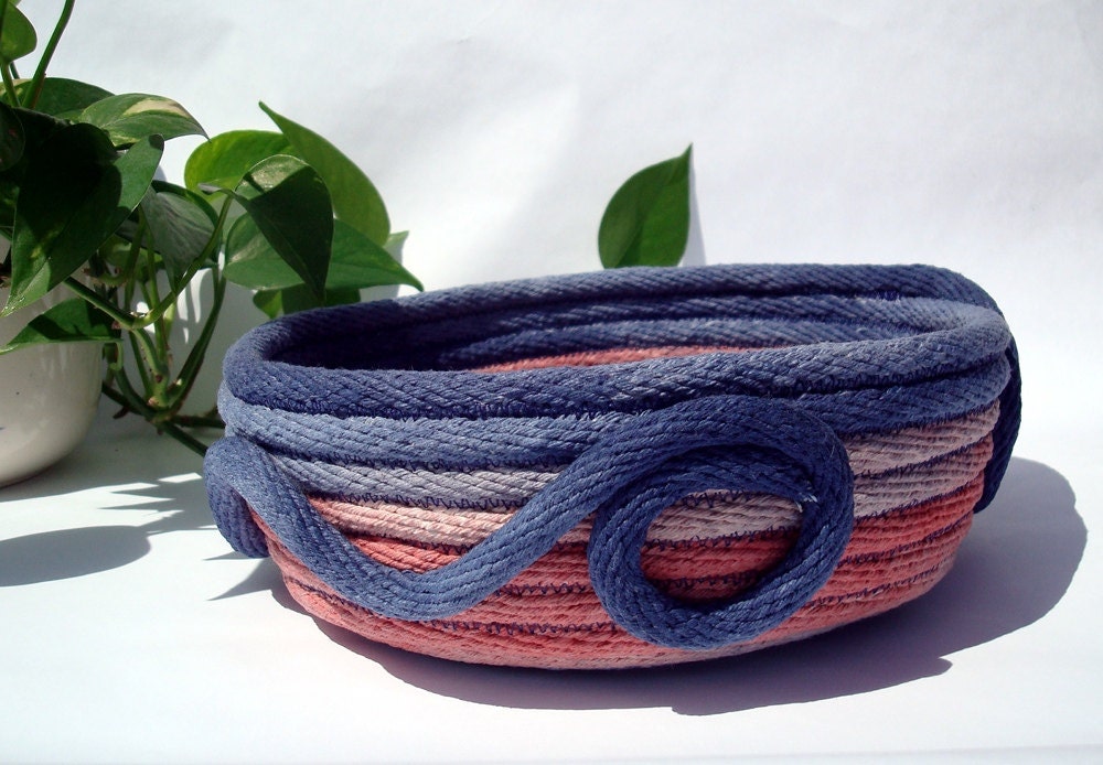 Hand dyed Coiled Rope Basket Bowl - Dusty Rose and Periwinkle Blue