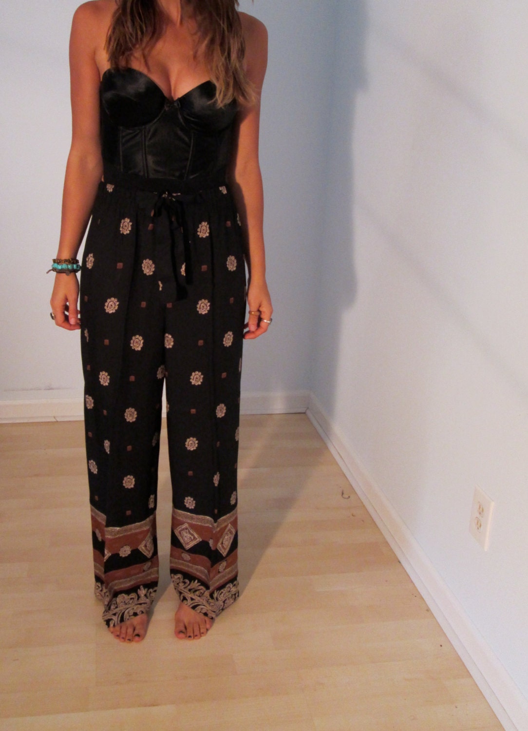 Black Tribal Pants XS S Boho Hippie Gypsy Highwaist Wide Leg Bohemian Grunge Club Kid Beach Hipster Festival Wear
