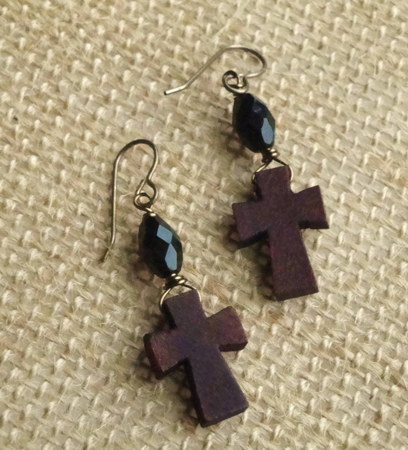 Wood Cross Earrings Vintaj Brass czech glass
