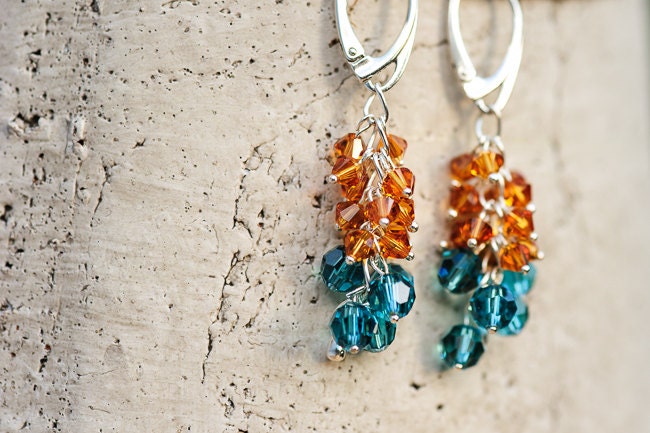 Summer Cluster Earrings Beadwork Swarovski Crystal Earrings Orange Blue Summer Fashion Jewelry