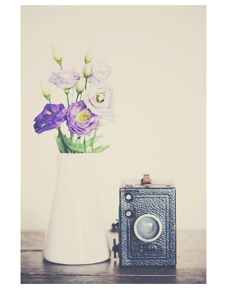 purple flower vintage camera color photo print - whimsical fine art still life photography, enchanting, shabby chic, romantic - 14x11