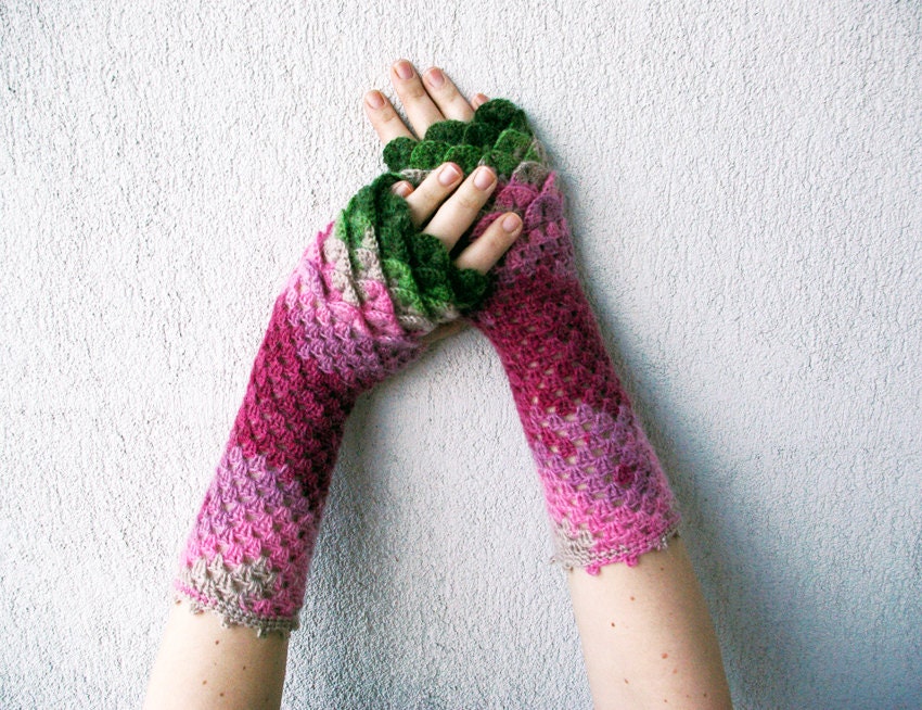 Fingerless mittens - green pink spring Accessories cute arm warmers - mareshop