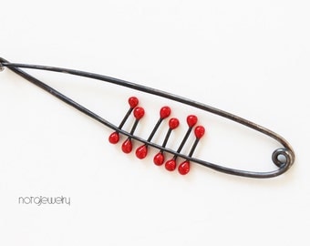 Sweater pin - unique handmade silver jewelry - contemporary jewelry - red and black silver pin.
