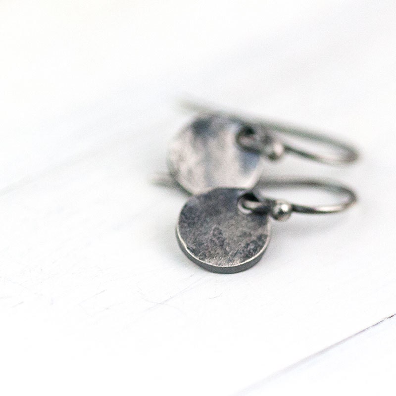 Tiny Disc Earrings in Dark Oxidized Sterling Silver / Small Black Simple Everyday Earrings