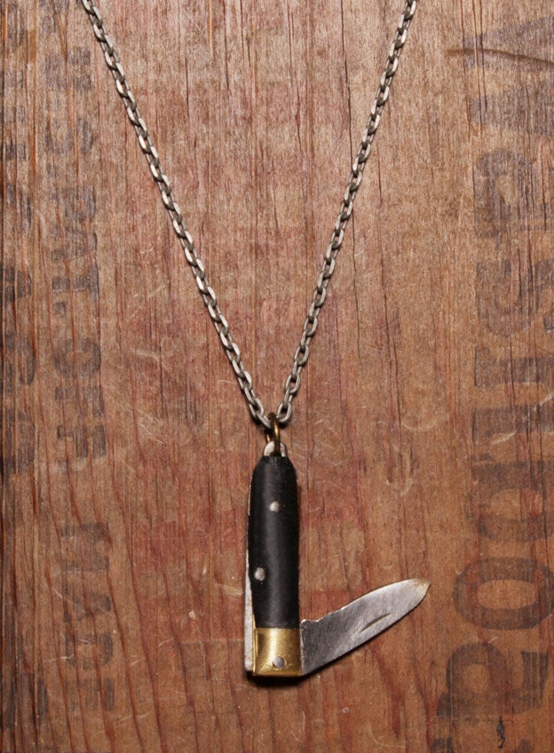 Black Knife Necklace. Mens - womens necklace. Miniature knife charm hangs from steel chain necklace