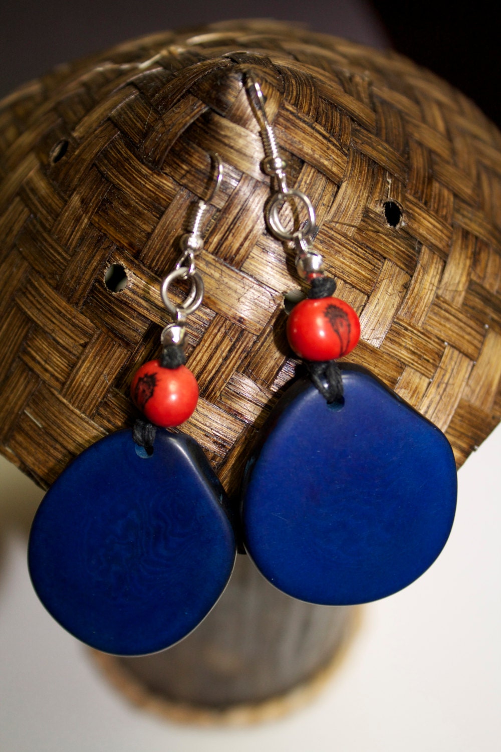 Blue and Red Eco-Friendly Tagua Earrings - Boho - Bohemian