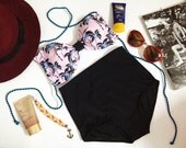 New vintage high waist bikini sweet pink coconut tree top and black bottoms fashion on summer women set handmade 100%