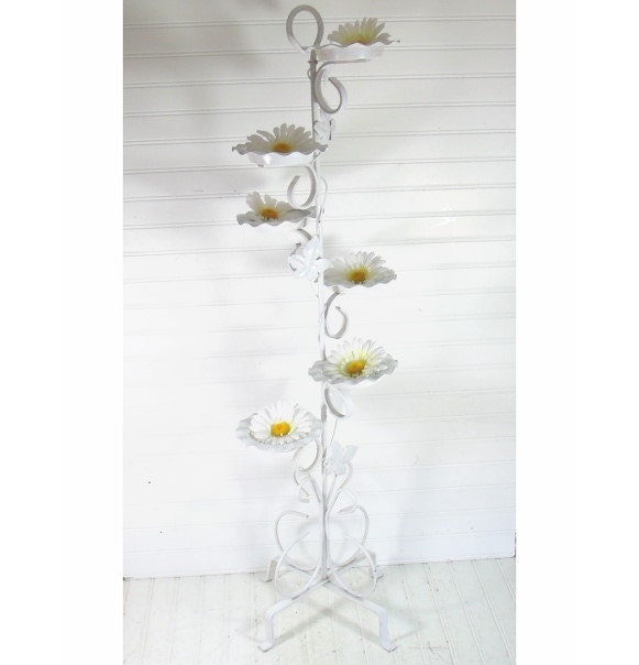 Vintage White Wrought Iron Metal Tall Multi Level Candle Holder - Shabby Chic Wedding Candelabra - Cottage Style Decor Plant Stand