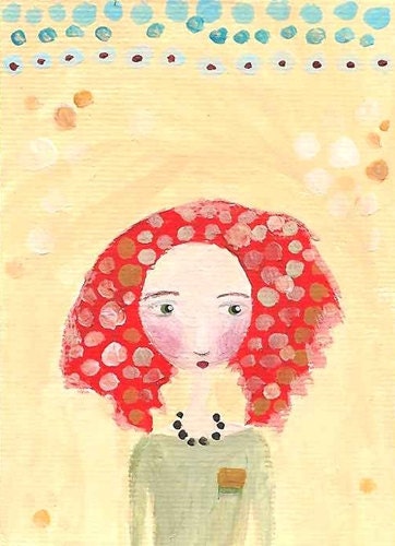 Original painting ACEO, whimsical girl, acrylic folk art, I thought I saw something