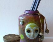 Mixed Media Original - Altered Glass Bottle - Brush, Pencil Holder - The Enigmatic Potion - OOAK
