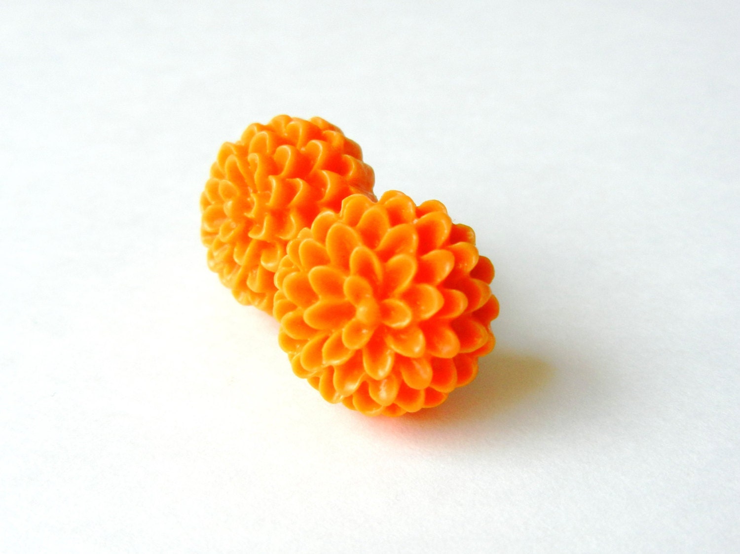 Orange Mum Earrings - bright flower, resin cabochon, silver stud, 15mm
