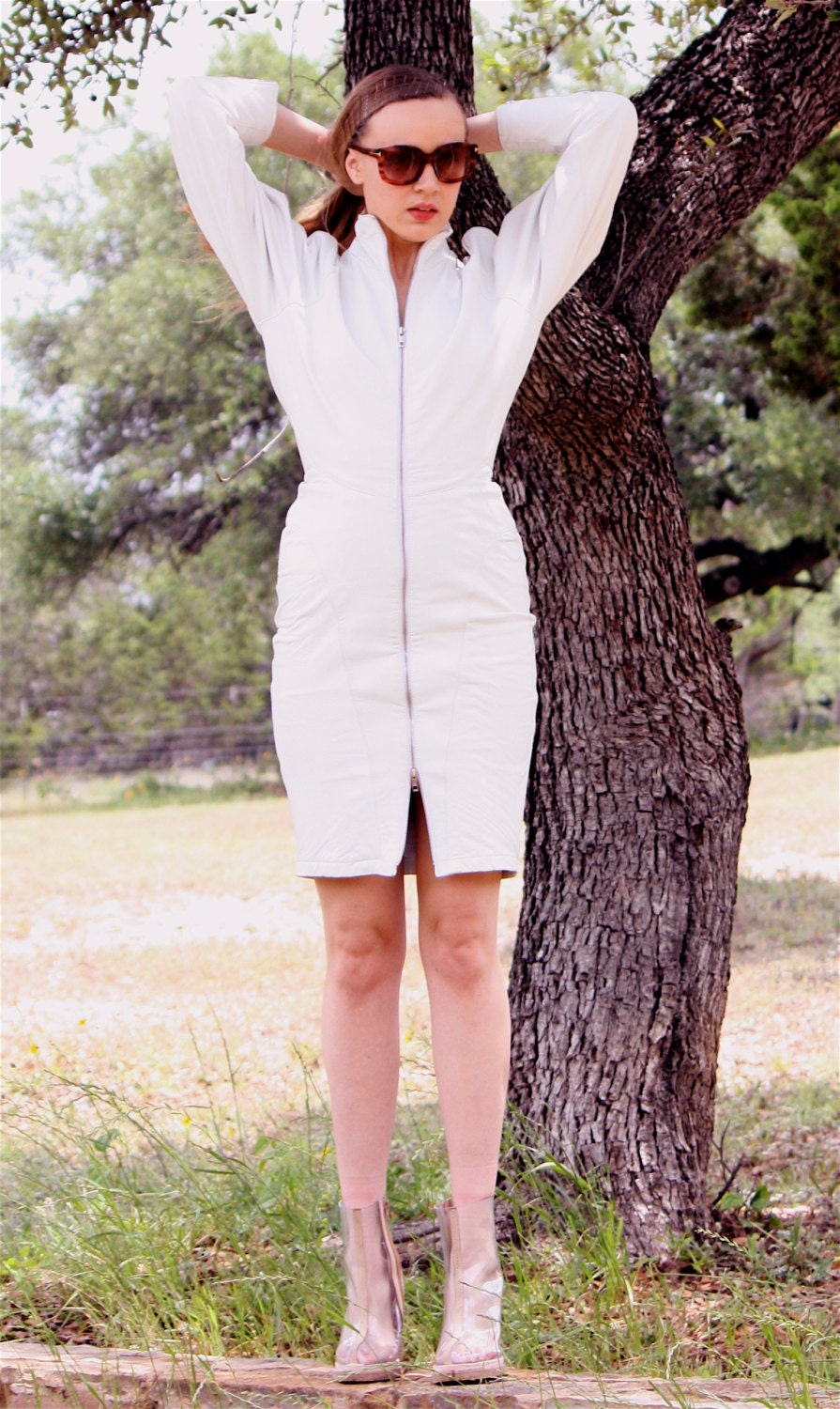 Free Shipping - 80's Michael Hoban for North Beach Leather White Leather Zip-up Dress