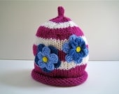 Toddler Girl's Striped Flower Hat, Size1 - 2 years, Handknit Children's Hat, Blue Flowers on Magenta Stripes, Children's Knit Hat