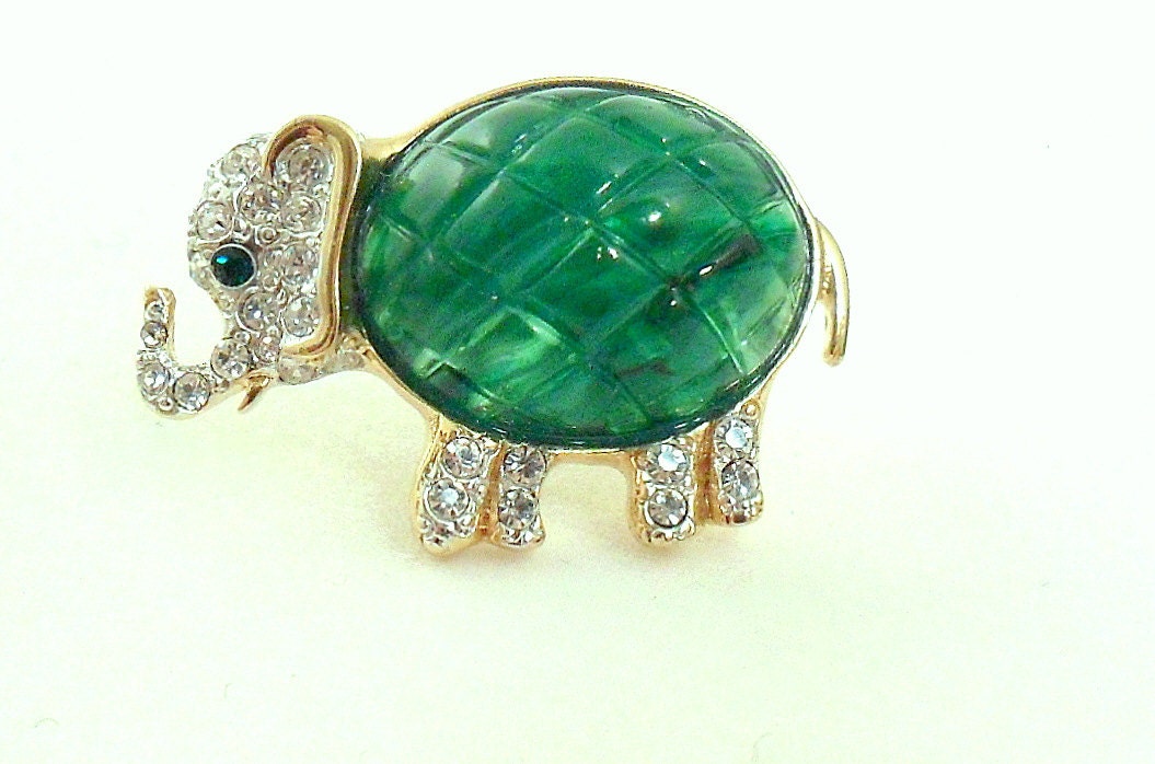 Carolee Pave Elephant Pin Brooch, Green Glass