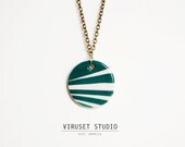 Ceramic pendant necklace emerald and white , Scandinavian-inspired geometric decoration. Ceramic jewelry. Viruset Studio