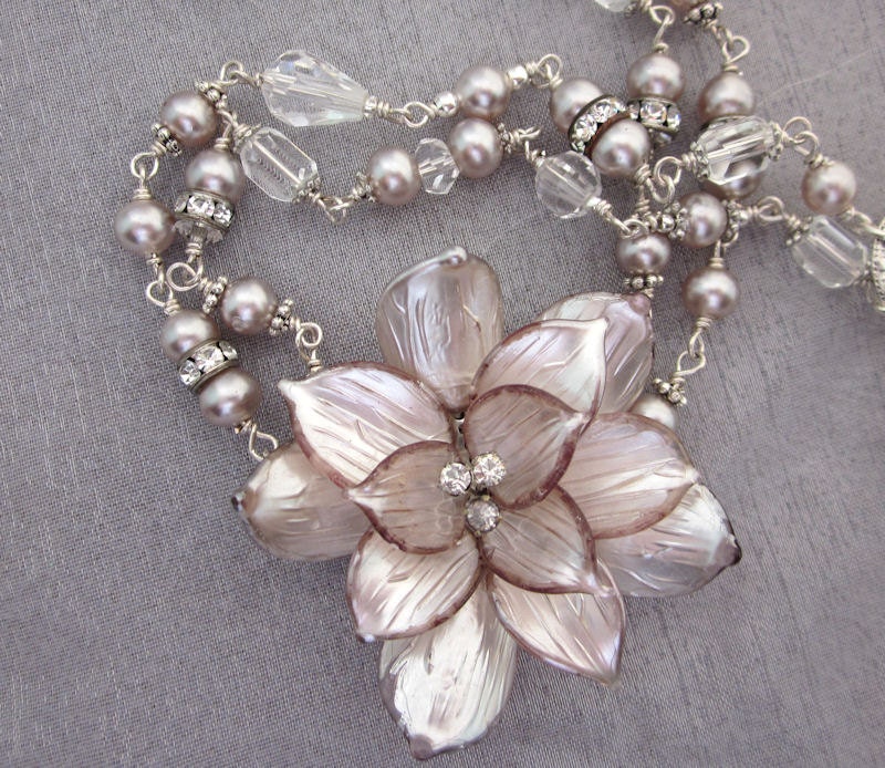 Repurposed Glass Flower Necklace, Pearl, Rhinestone Necklace, Collar Necklace, Crystals, Silver, Pink, Vintage Assemblage Jewelry