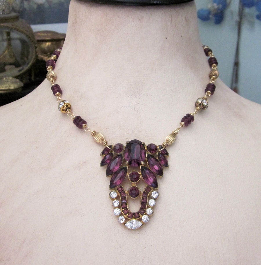 Repurposed Art Deco Purple Rhinestone Necklace, Vintage Statement Necklace,  Gold Filled, OOAK Handmade Assemblage Jewelry - JryenDesigns