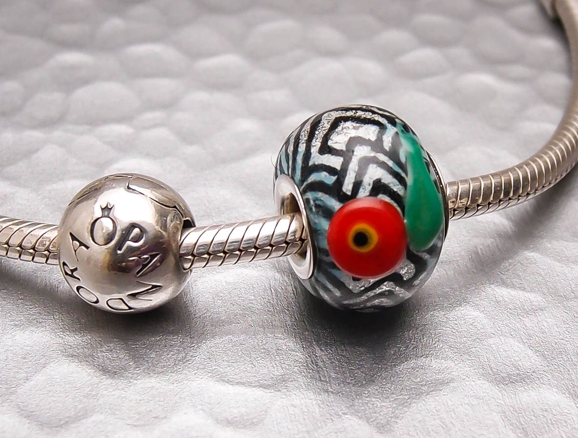 Charm Bracelet Bead Big Hole Lampwork Glass - Chasing Poppy - Sterling Silver Lined Handmade SRA