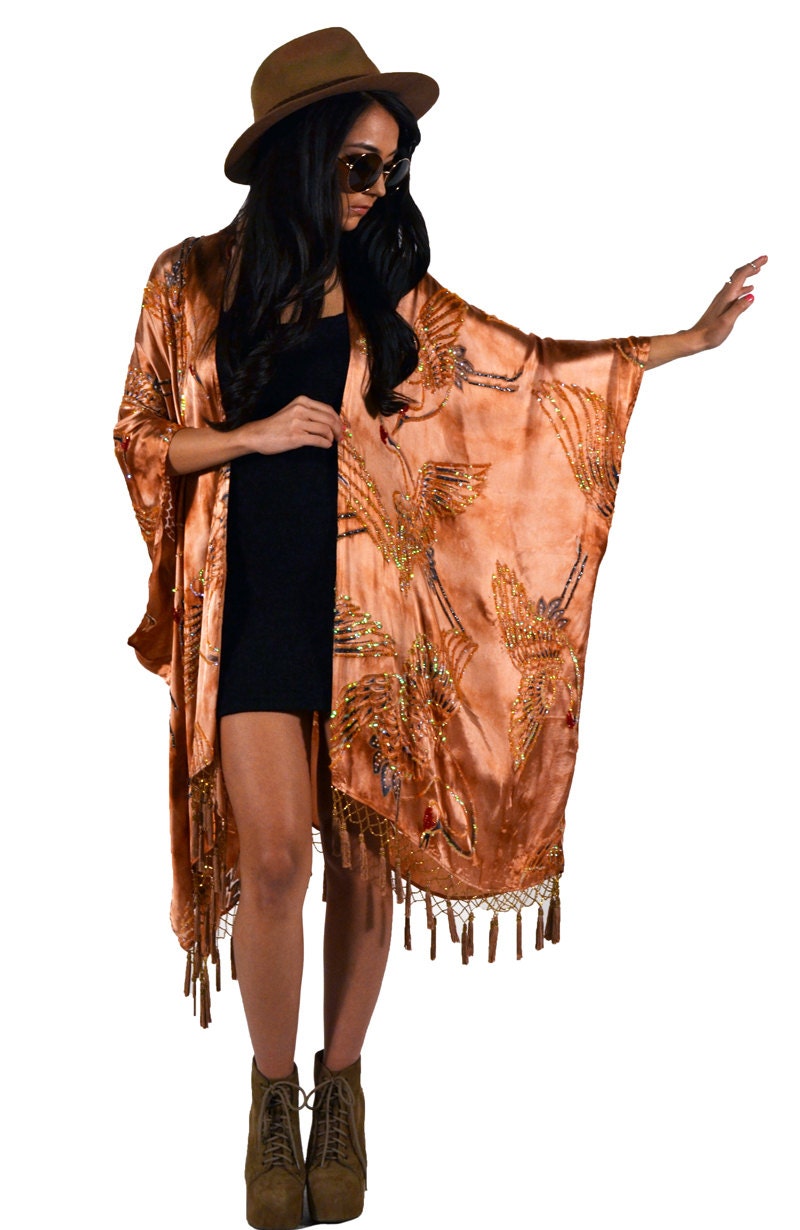 Salmon Tie Dye Silk Gypsy Beaded Fringe Tassel Kimono Duster