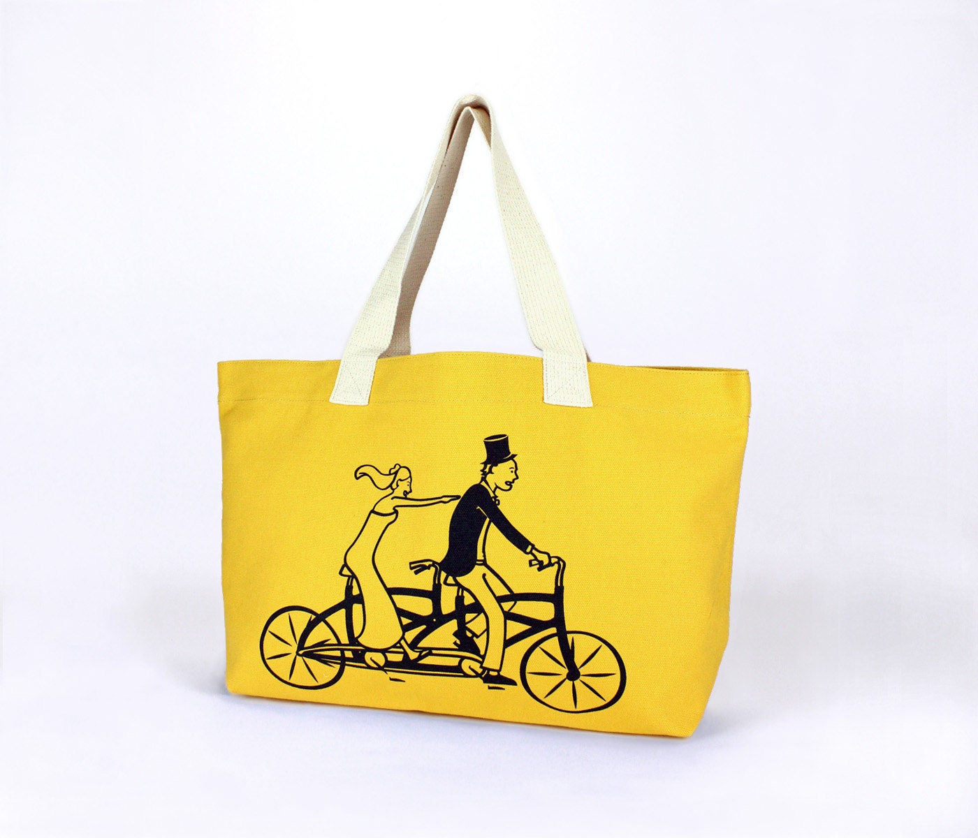 Yellow Cotton Canvas Tote -  "Tandem Bike Couple"  Design In Black