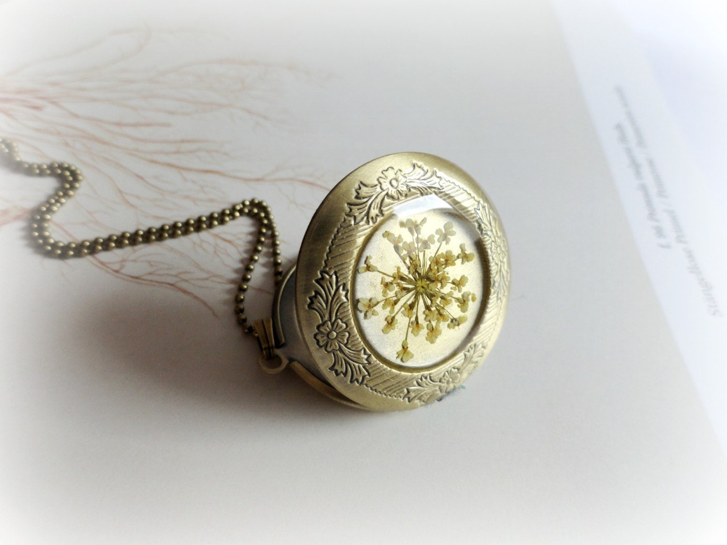 Queen Anne Lace Locket necklace - resin jewelry real preserved flower yellow queen annes Botanical specimen pressed plant gardener
