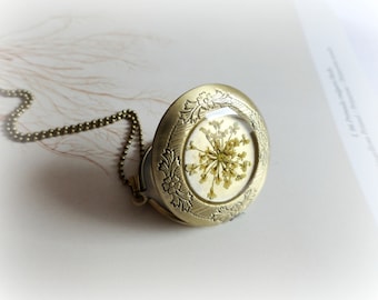 Queen Anne Lace Locket necklace - resin jewelry real preserved flower yellow queen annes Botanical specimen pressed plant gardener