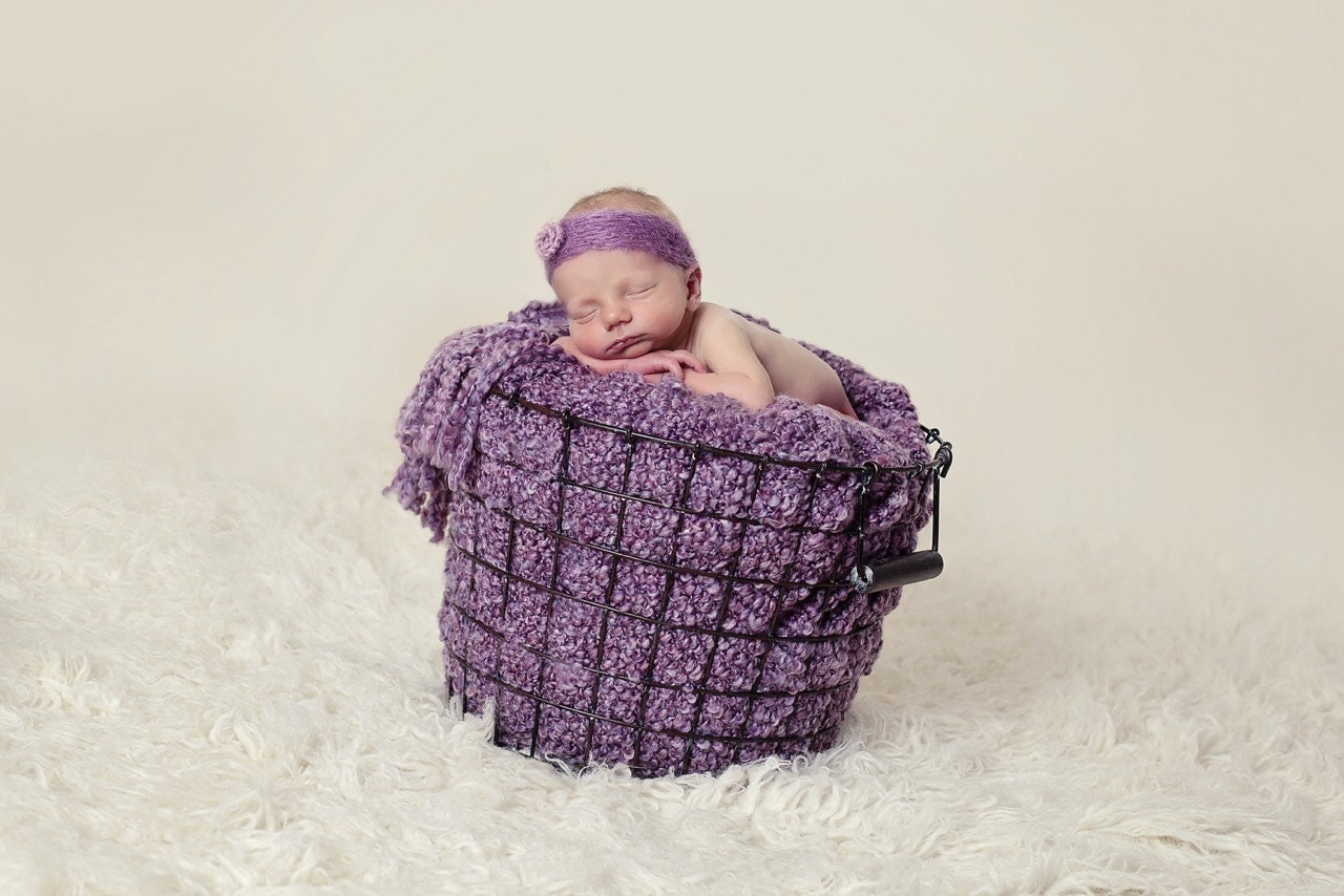 Newborn baby lacy mohair headband with dainty flower in dusty lavender purples with tie-backs --- sweet and unique for photos
