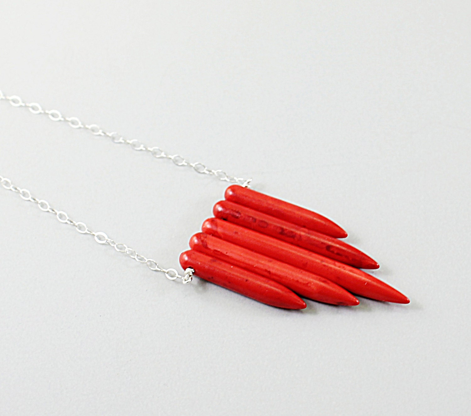 Red necklace: silver spikes, primitive, tribal, chevron necklace bohemian boho native american - NatureLook