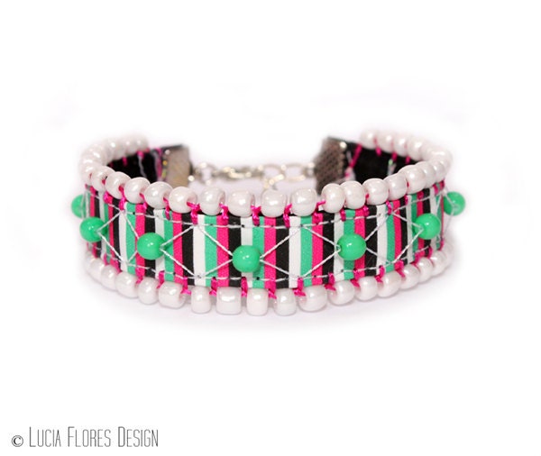 Bohemian Hippie friendship bracelet beaded embroidered with white Preciosa glass beads Boho chic by LuciaFloresDesign