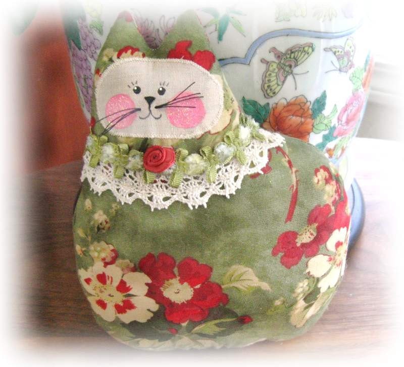 Cat Pillow Cat Doll, Cloth Doll 7 inch Green and Red Floral Fabric, Primitive Soft Sculpture Handmade CharlotteStyle Decorative Folk Art