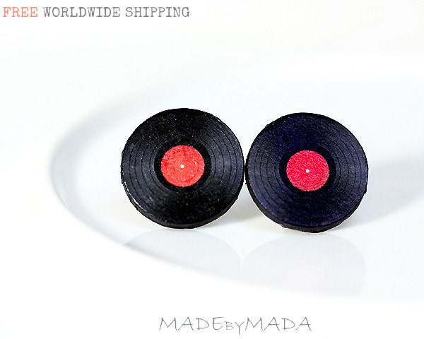 Vinyl retro records  Post Earrings, Free Shipping  Black & Red  funky fun studs, Gift for her under 15