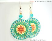 Pastel Colors Mandala Mint Green  Round decoupage earrings Floral motif ,  gift for her under 25 (A15)