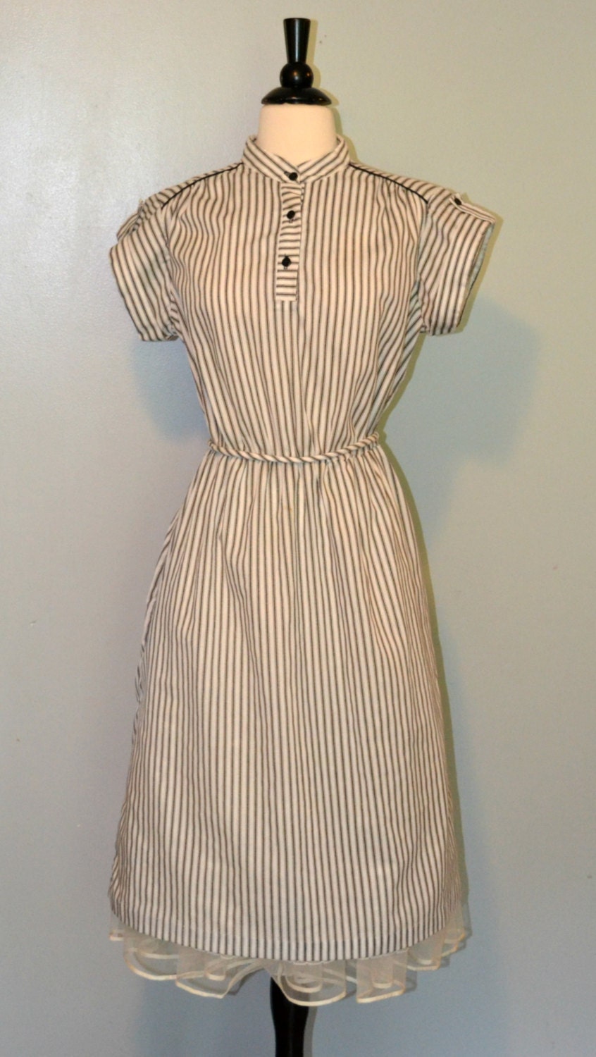1970s Black and White Vertical Stripped Dress