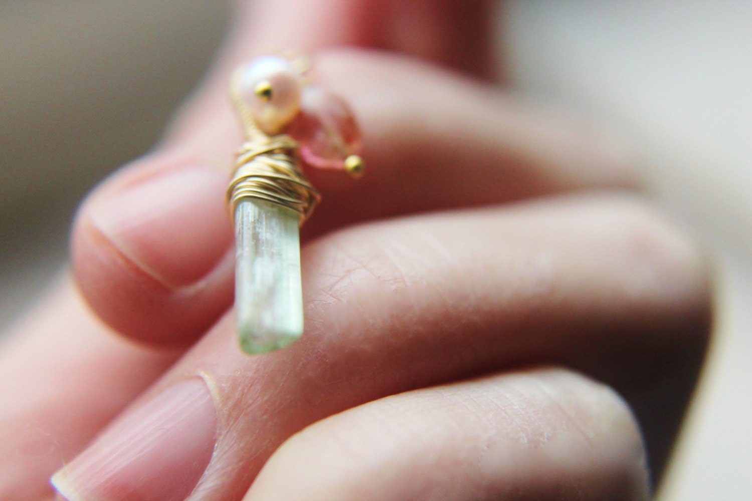 Green Tourmaline Necklace - Mint White Pink Pearl Choker Gemstone Pendant 14k Gold Wire Wrapped Handmade Jewelry Mother's Day Gifts for Her.