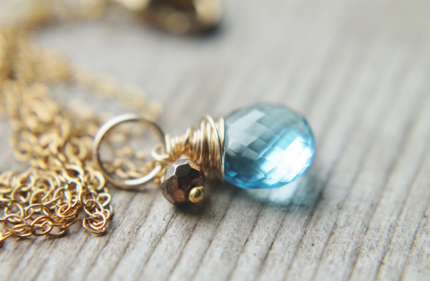 Blue Topaz Necklace - 14k Gold Wire Wrapped Gemstone Pendant Delicate Small Handmade Jewelry Gifts for Her.