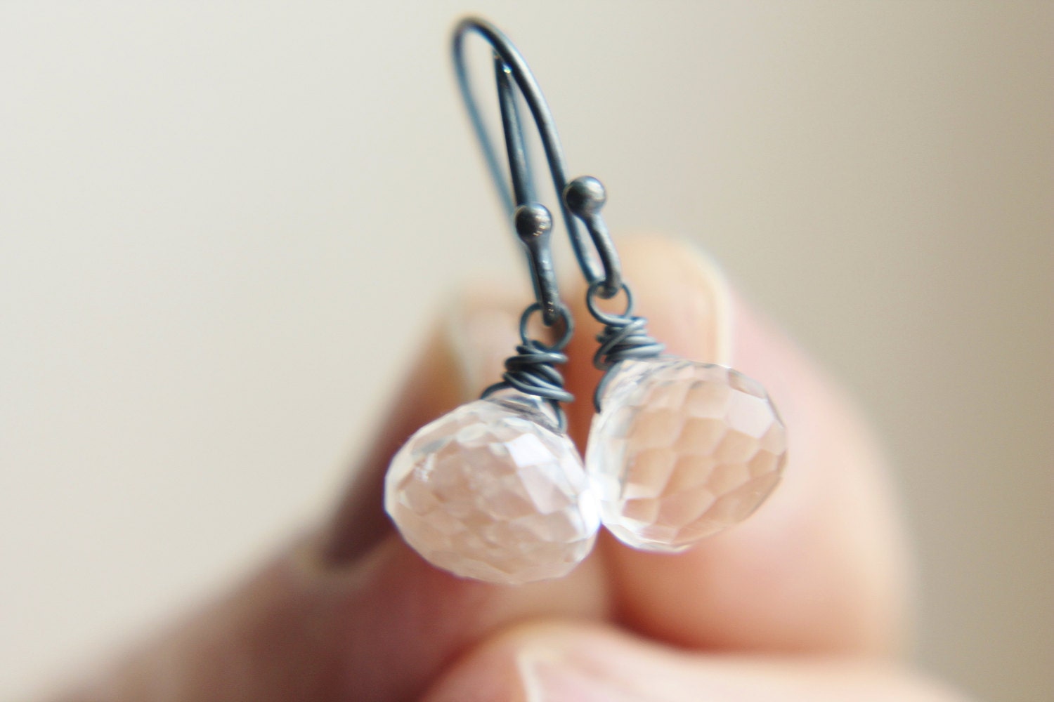 Crystal Quartz Earrings - Simplistic Petite Small White Gemstone Drop Wire Wrapped Oxidized Sterling Silver Handmade Jewelry for Her.