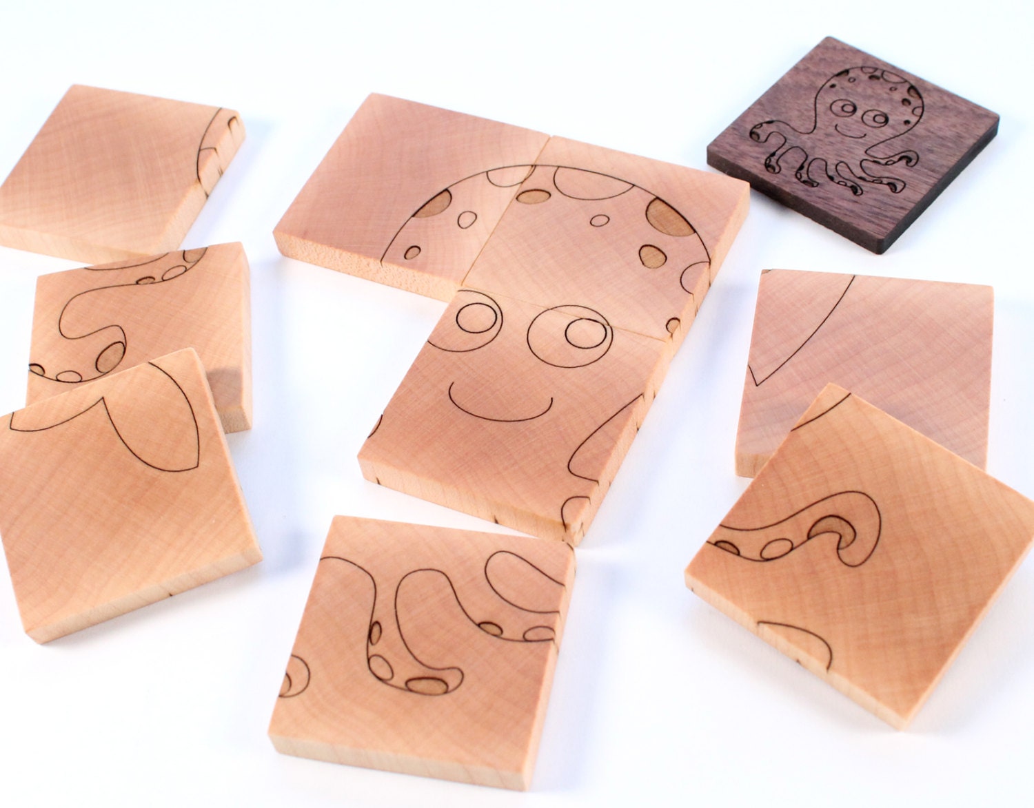 two-sided PUZZLE - octopus and whale - all natural, educational wooden toy for toddler and preschooler -  ocean theme for baby