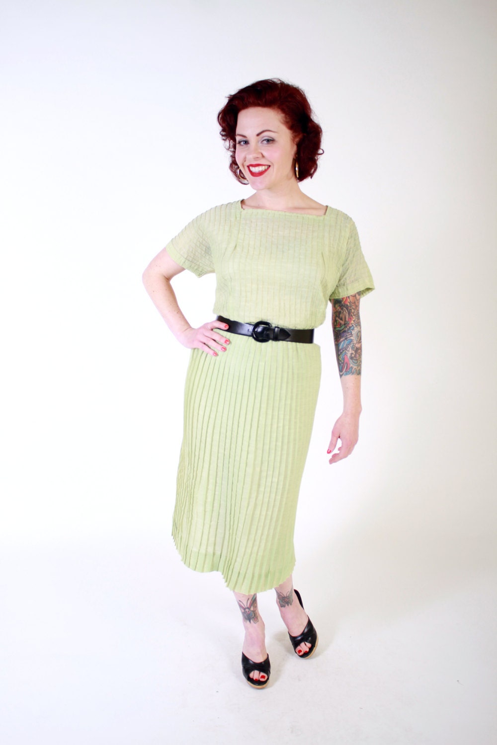 1950s Vintage Dress...Pastel Spring Green Semi Sheer Voile 50s Pin Tucked Day Dress Plus Size