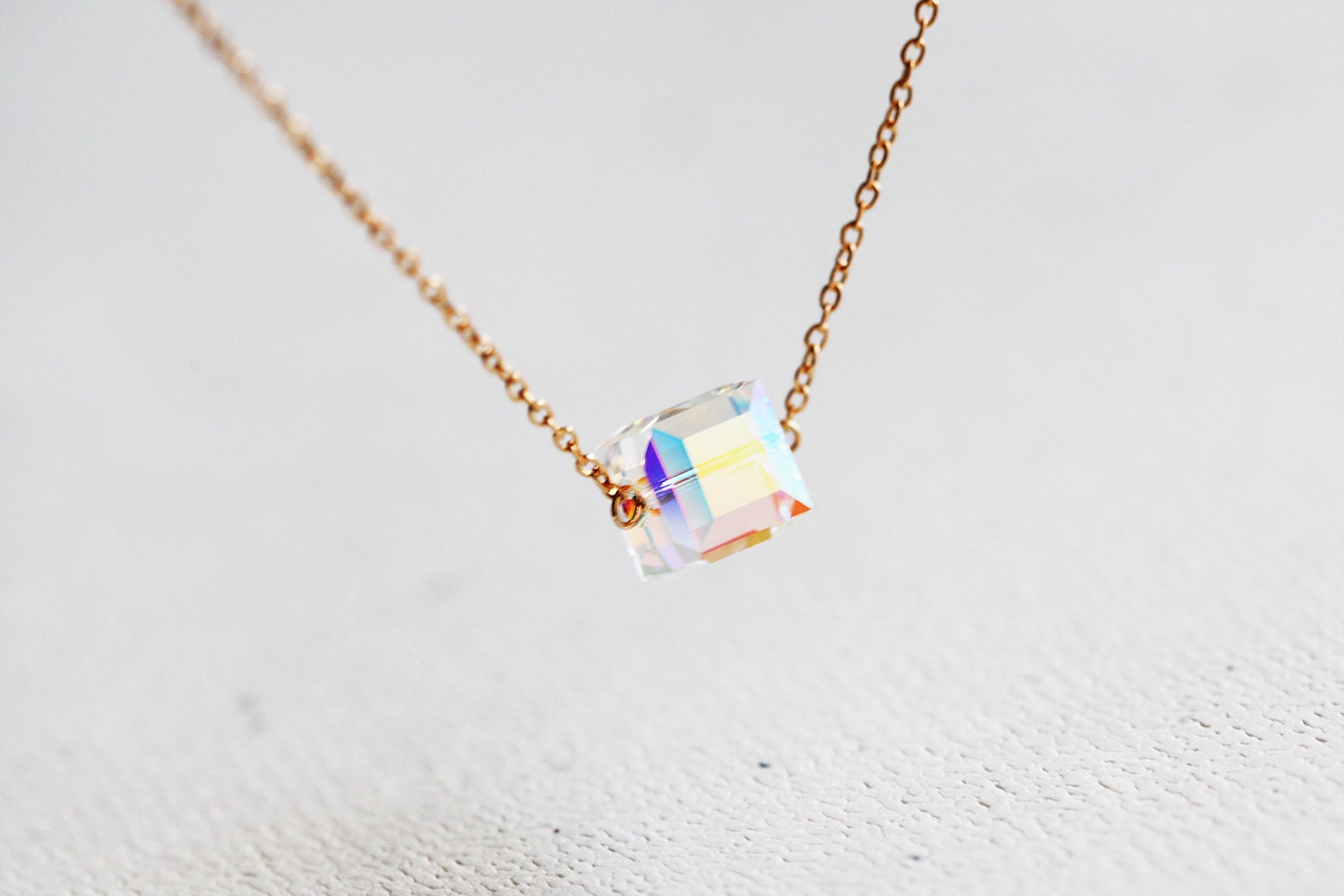 Crystal Cube Necklace - rainbow colored crystal cube necklace, sterling silver or 14k gold filled