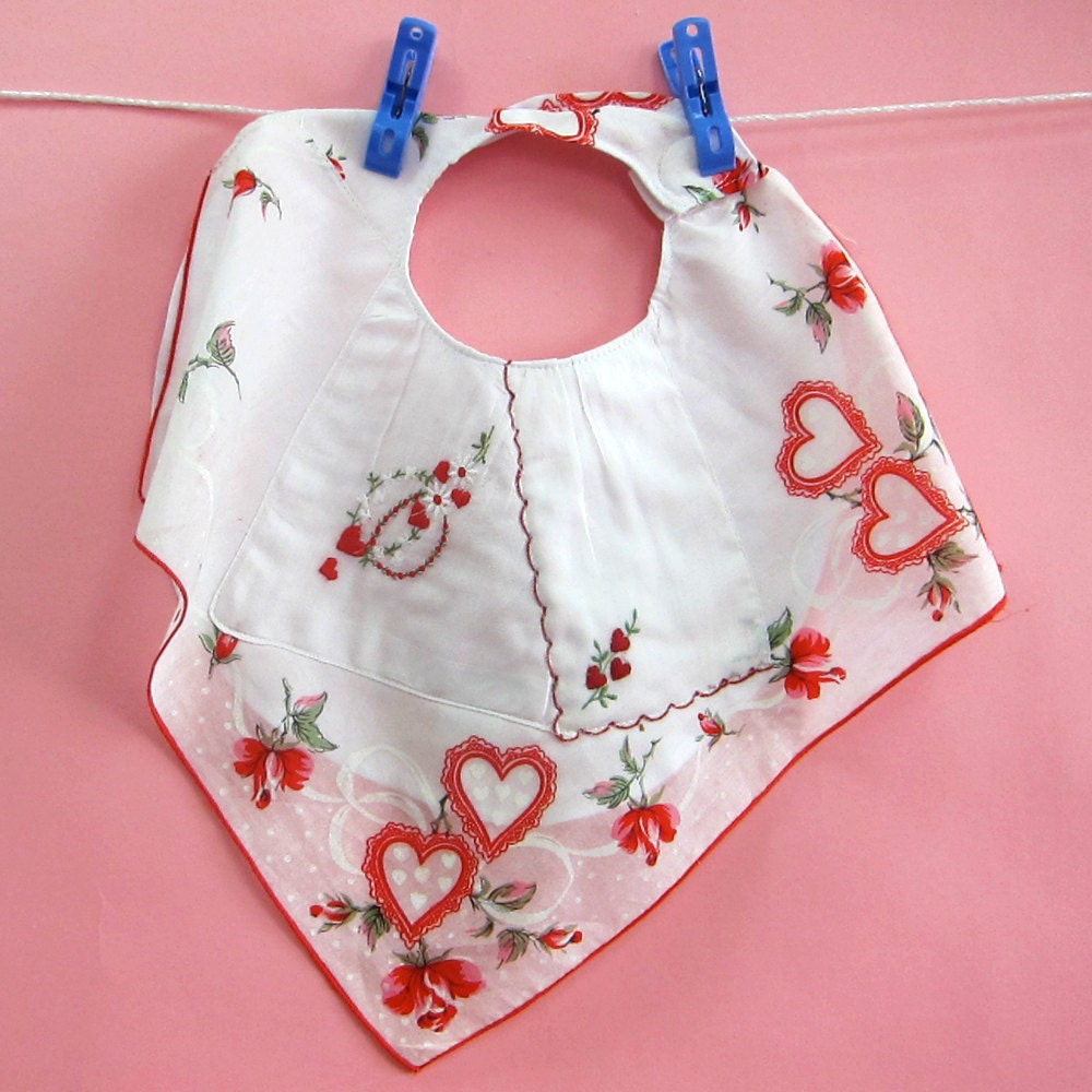 SALE Valentine Hanky Bib with hearts flowers for Baby