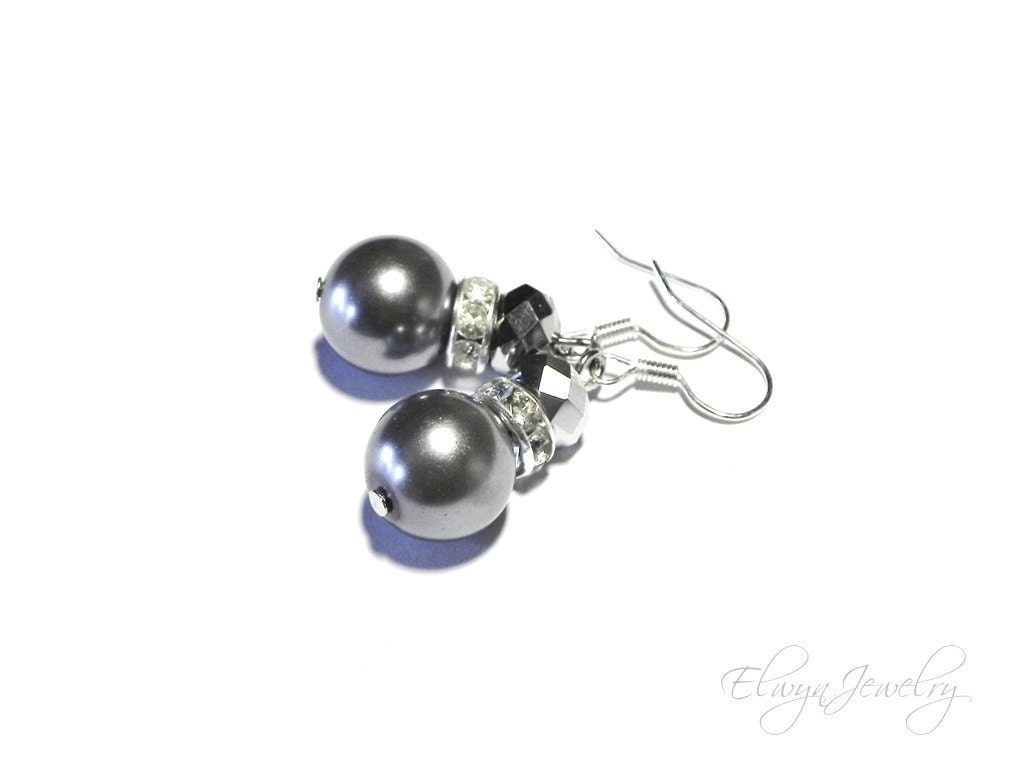 Grey Pearl Earrings, Crystal, Bridesmaid Earrings, Wedding Jewelry
