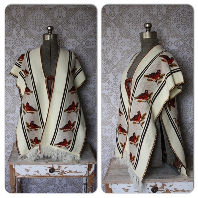 Vintage 1970's Poncho Caplet with Bird Design