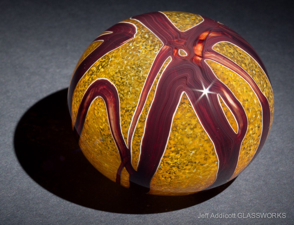 Hand Crafted Glass Paperweight - Beige and Iris Gold with Ruby Random Wrap