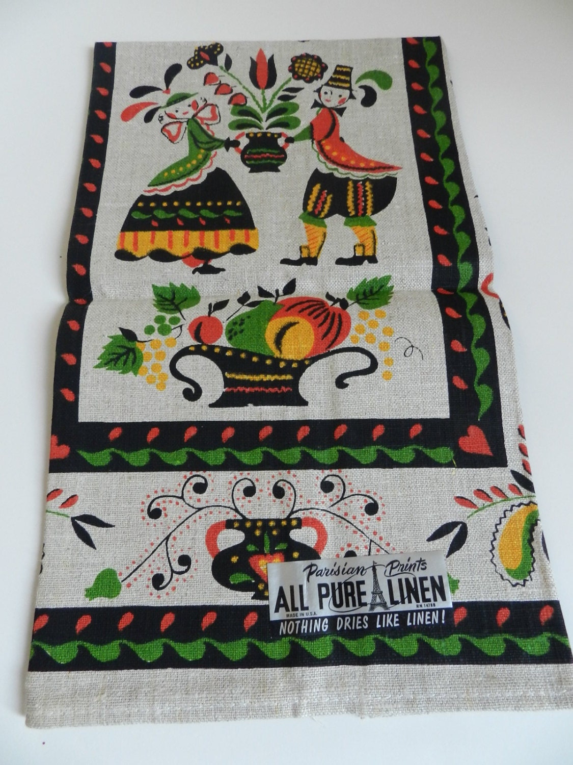 Vintage Parisian Prints Linen PA Dutch German Couple Fruits Flowers Rooster Tea Towel or Dish Towel MINT