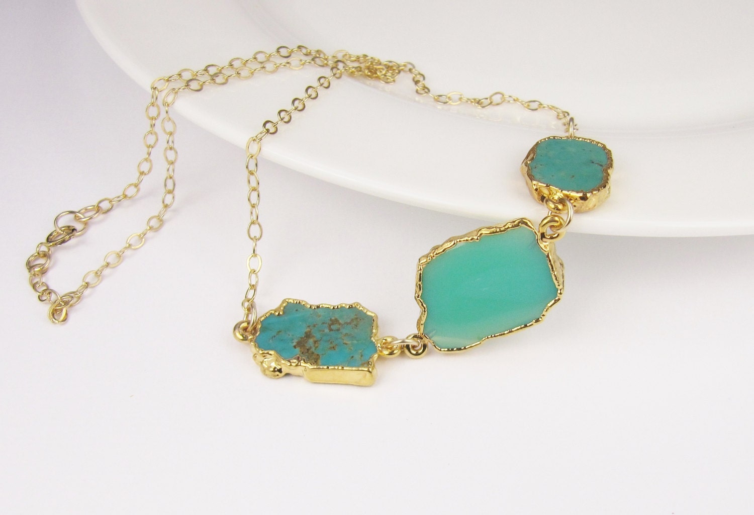 Turquoise Chrysoprase Necklace, December Birthstone, Turquoise and Chrysoprase Slices, Gold Necklace, Connector Necklace, Boho Chic, Unique