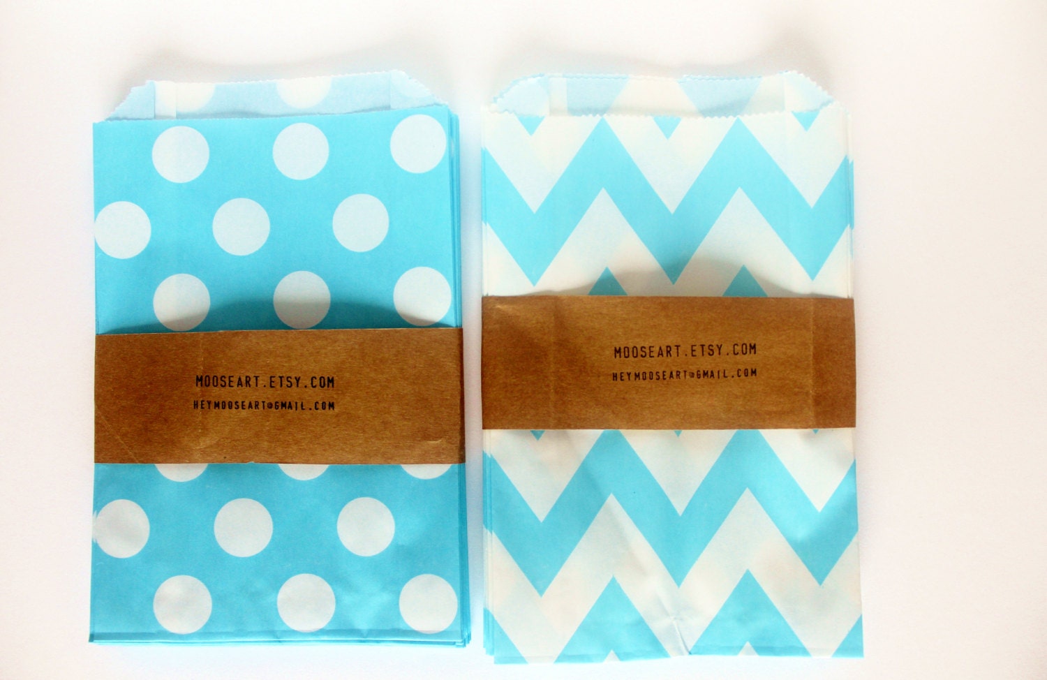 Sky Blue Paper Bags, Choose Between Dots and Chevron - Set of 12 bags