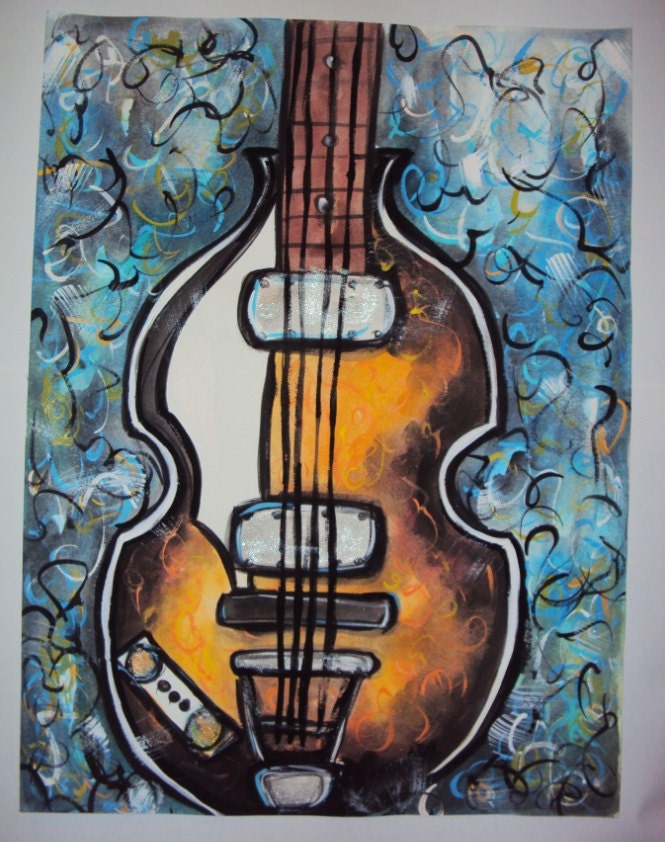 Beatles, Paul McCartney Hofner Violin Bass Inspired Watercolor Painting