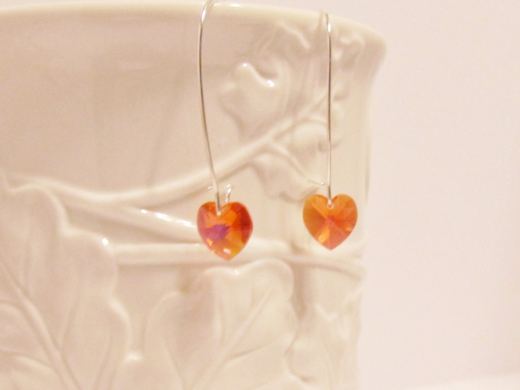 Stunning Red Coral Heart Swarovski Crystal Earrings