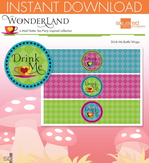 Mad Hatter Tea Party Inspired Printable Bottle Wraps- Drink Me - DIY Print - Alice in Wonderland Inspired - Instant Download Il_570xn