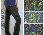 Peacock Yoga Pants LARGE black CUSTOM - Gold Peacock Feather Hand Painted Womens Clothing, Gifts for Her